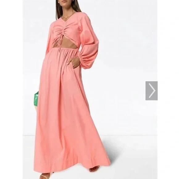 Staud Womens Coral V-Neck Tangier Ruched Cut Out Long Sleeve Nylon Maxi Dress S - Picture 1 of 16